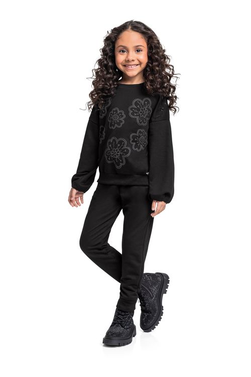 Conjunto com Blusão e Calça em Moletom para Menina (Preto) Quimby