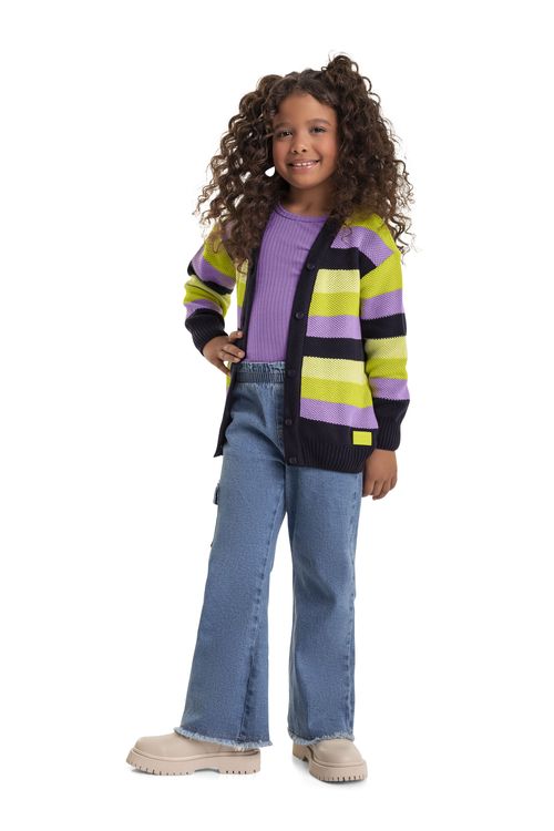 Cardigan Listrado em Tricô Infantil Menina (Roxo) Quimby