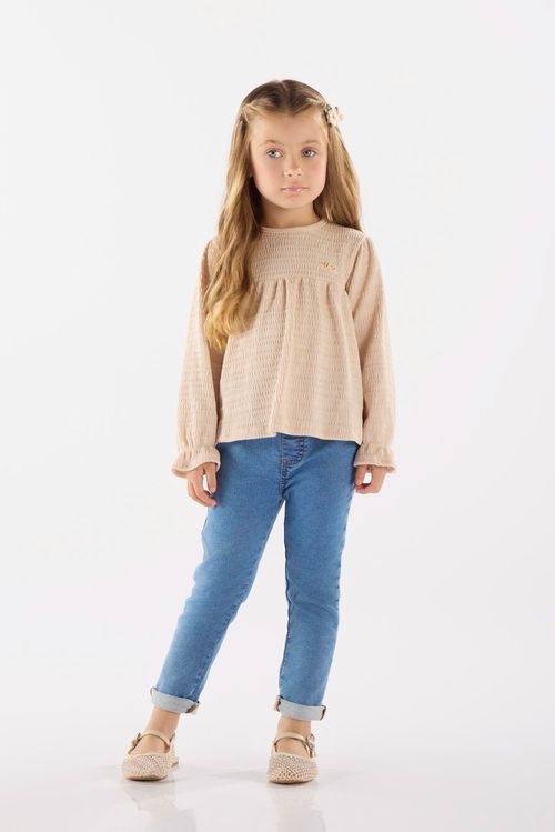 Blusa Infantil Manga Longa em Malha Plissada (Off White) Up Baby