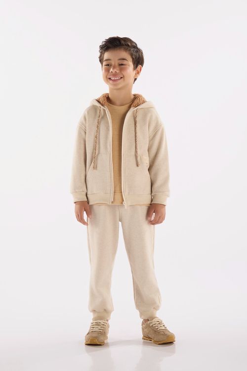 Conjunto Infantil Masculino em Moletom Linho com Capuz Forrado (Bege) Up Baby