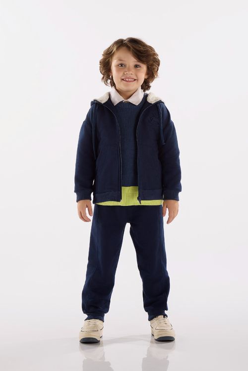 Conjunto Infantil Masculino em Moletom com Capuz Forrado (Azul Marinho) Up Baby