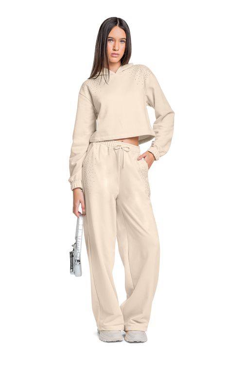 Conjunto Juvenil com Blusão e Calça Wide Leg em Moletom (Bege) Gloss