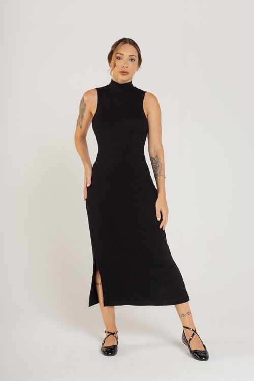 Vestido Longo Gola Alta em Ribana Canelada (Preto) Just Basic