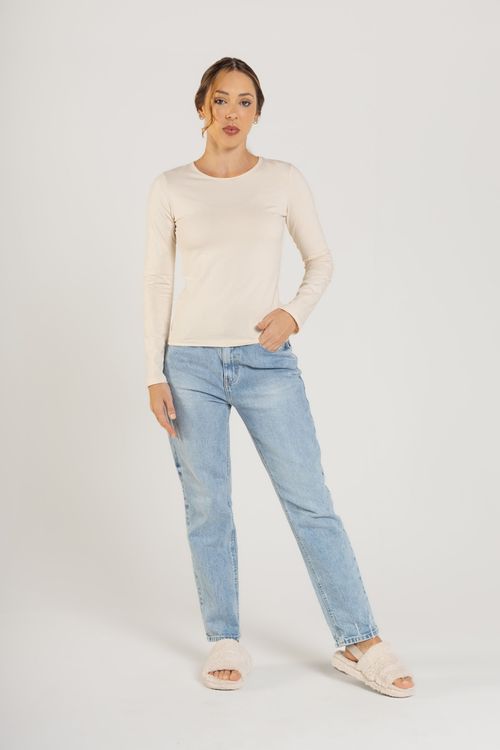 Blusa Básica Manga Longa Feminina em Cotton (Bege) Just Basic