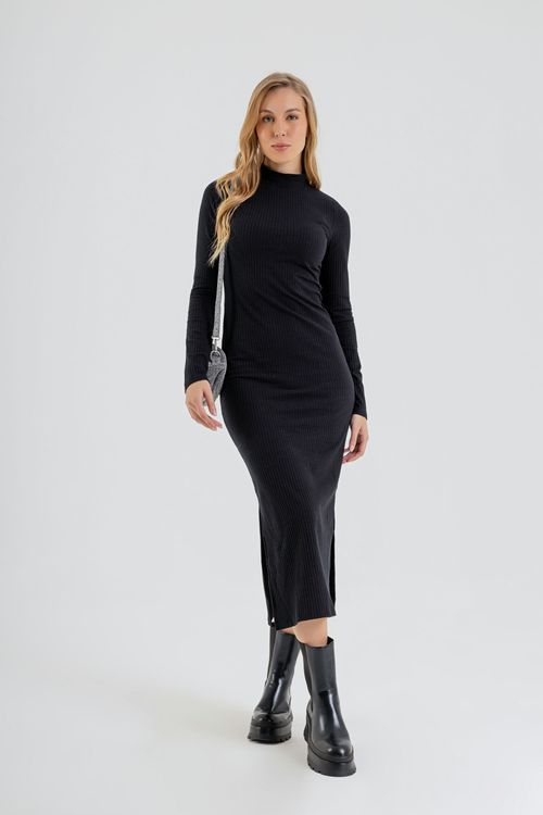 Vestido Adulto de Manga Longa em Ribana Canelada (Preto) Just Basic