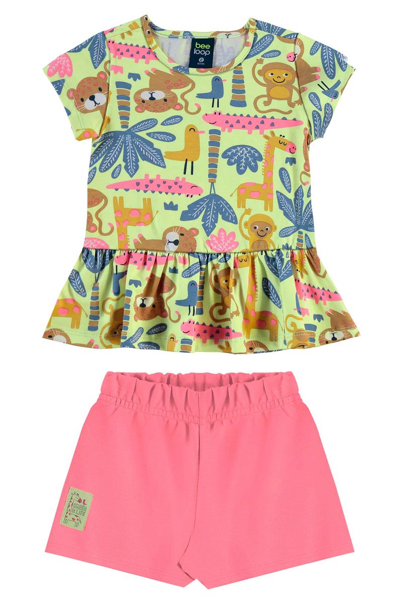 Conjunto com Blusa Estampada e Short para Menina (Verde) Bee Loop