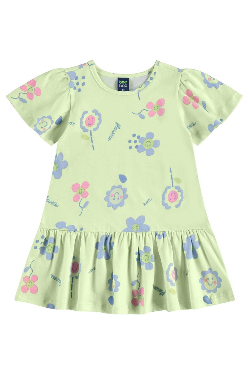 Vestido-infantil-para-menina-com-mangas-evase-recorte-franzido-e-estampa-de-flores.