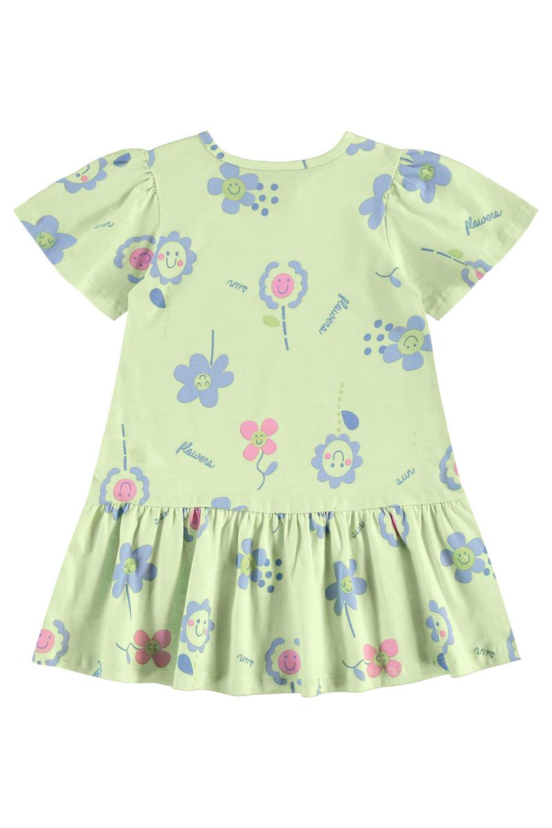 Vestido-infantil-para-menina-com-mangas-evase-recorte-franzido-e-estampa-de-flores.