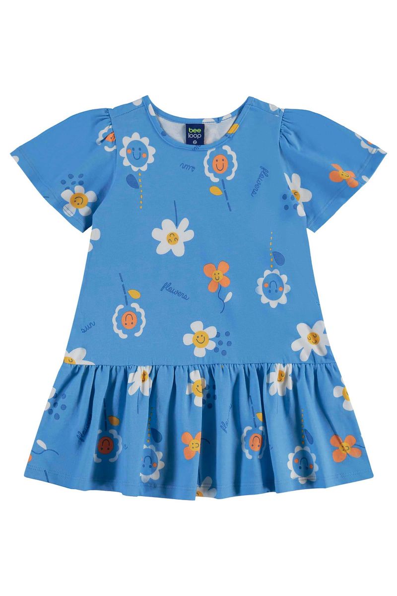 Vestido-infantil-para-menina-com-mangas-evase-recorte-franzido-e-estampa-de-flores.