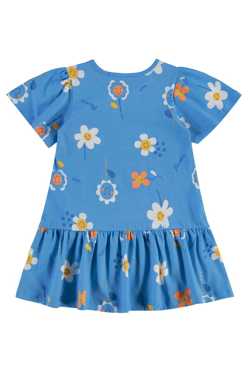Vestido-infantil-para-menina-com-mangas-evase-recorte-franzido-e-estampa-de-flores.