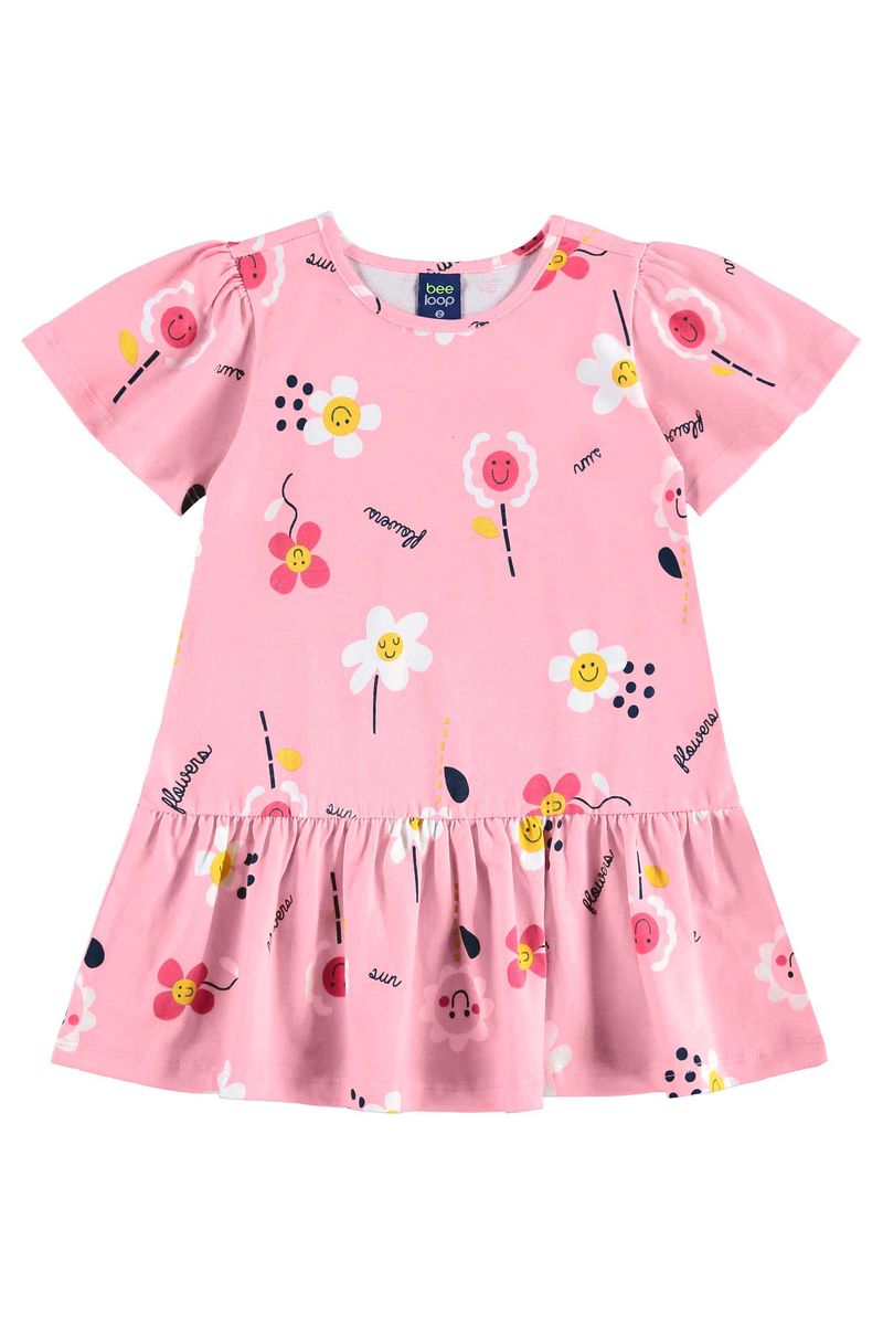 Vestido-infantil-para-menina-com-mangas-evase-recorte-franzido-e-estampa-de-flores.