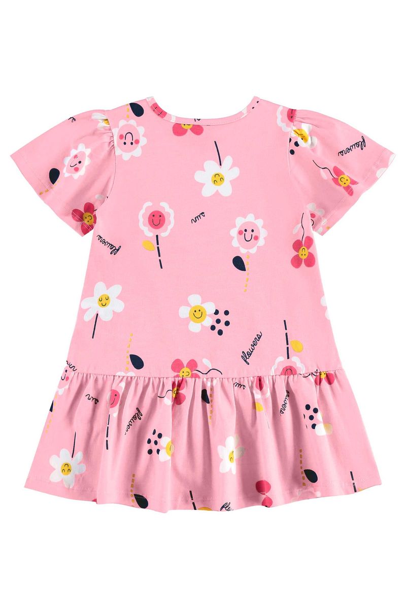 Vestido-infantil-para-menina-com-mangas-evase-recorte-franzido-e-estampa-de-flores.