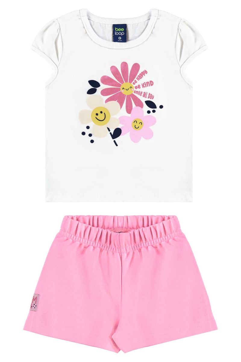 Conjunto-infantil-para-menina-tem-blusa-com-estampa-de-florezinhas-e-puff-e-short-com-elastico-na-cintura-e-estampa-lisa.