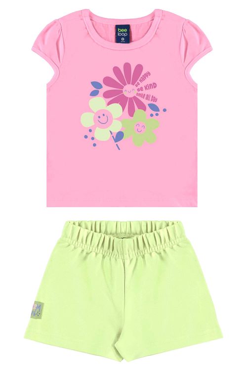 Conjunto com Blusa de Florezinhas e Short para Menina (Rosa) Bee Loop
