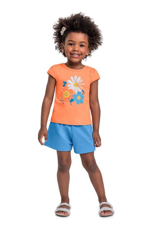 Conjunto com Blusa de Florezinhas e Short para Menina (Laranja) Bee Loop