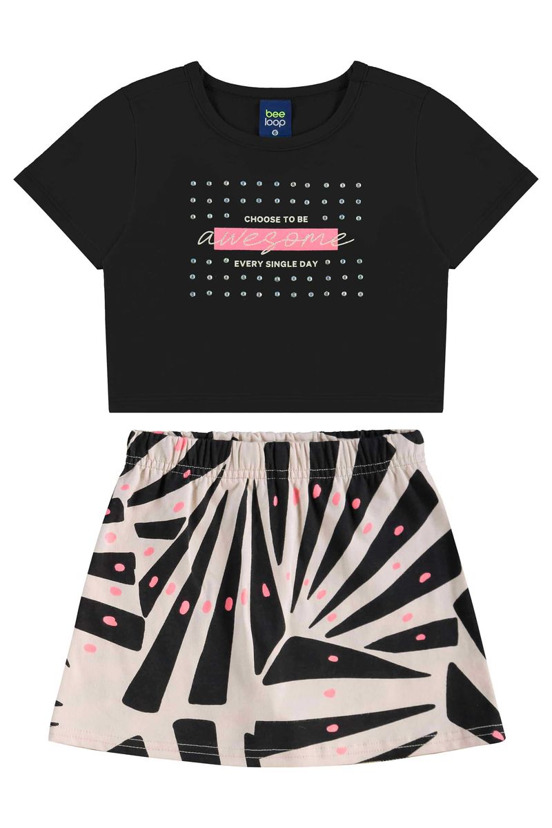 Conjunto com Blusa Cropped e Short-Saia para Menina (Preto) Bee Loop