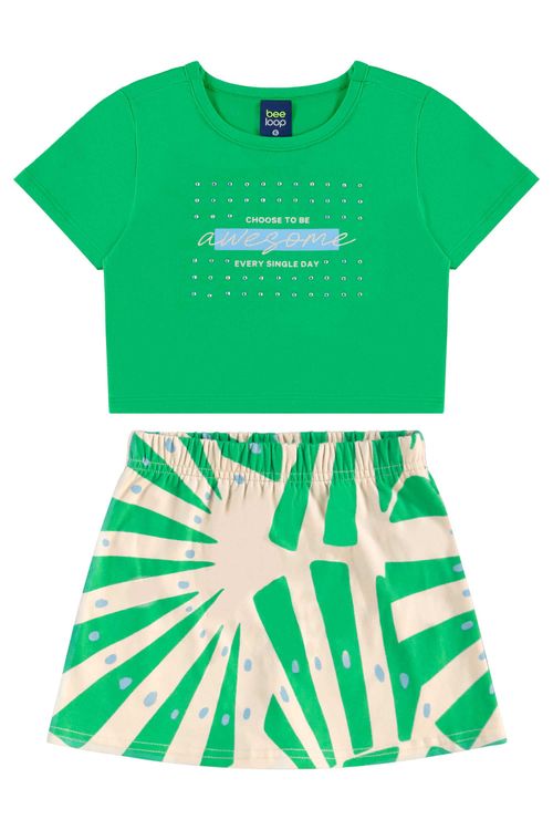 Conjunto com Blusa Cropped e Short-Saia para Menina (Verde) Bee Loop