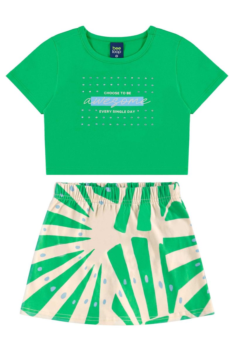 Conjunto com Blusa Cropped e Short-Saia para Menina (Verde) Bee Loop