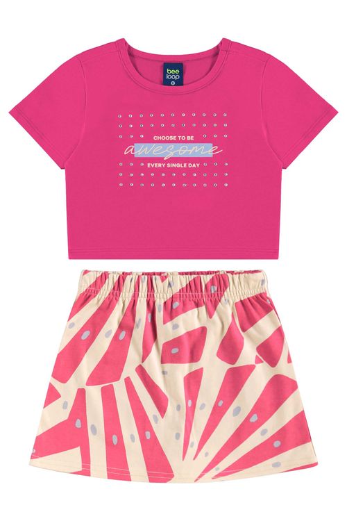 Conjunto com Blusa Cropped e Short-Saia para Menina (Rosa) Bee Loop