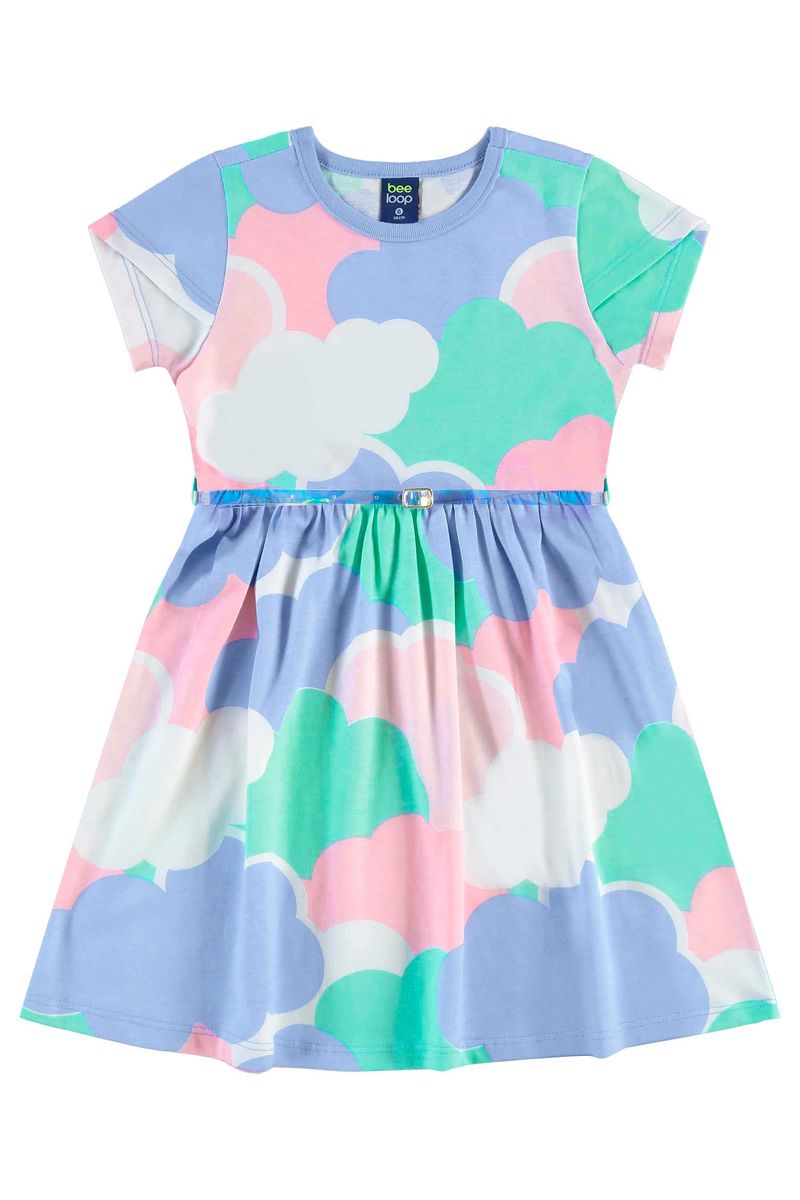 Vestido-infantil-para-menina-tem-mangas-tulipa-recortes-franzidos-e-estampa-de-nuvens-acompanha-cinto.