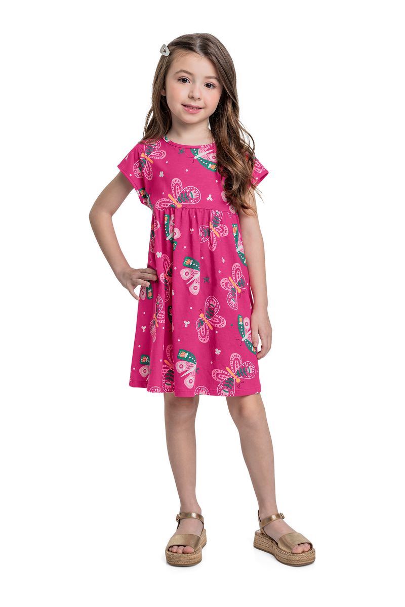 Vestido-infantil-para-menina-tem-recortes-franzidos-e-estampa-colorida-de-borboletas.