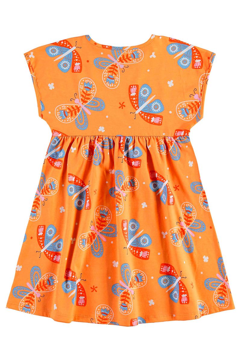 Vestido-infantil-para-menina-tem-recortes-franzidos-e-estampa-colorida-de-borboletas.