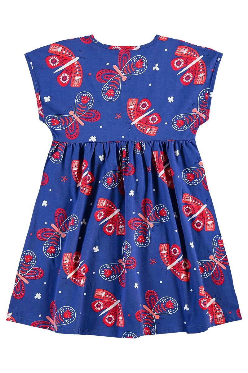 Vestido-infantil-para-menina-tem-recortes-franzidos-e-estampa-colorida-de-borboletas.
