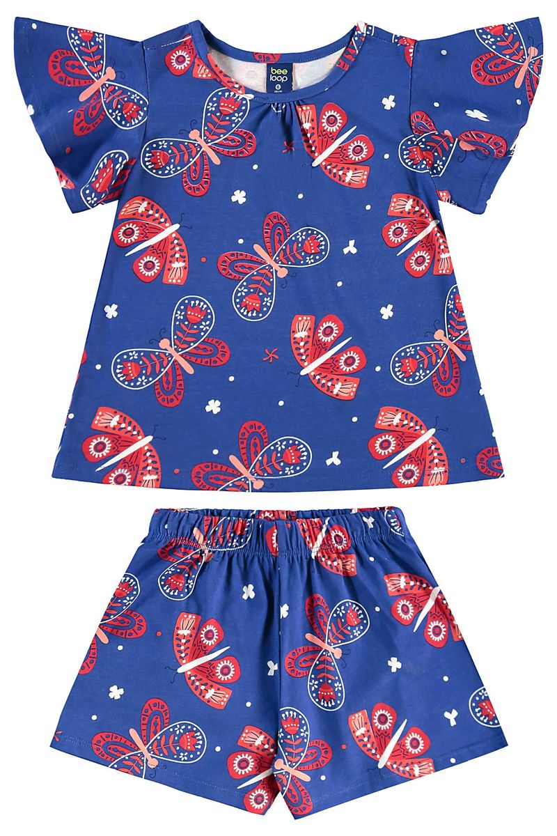 Conjunto de Borboletas com Bata e Short para Menina (Azul Marinho) Bee Loop