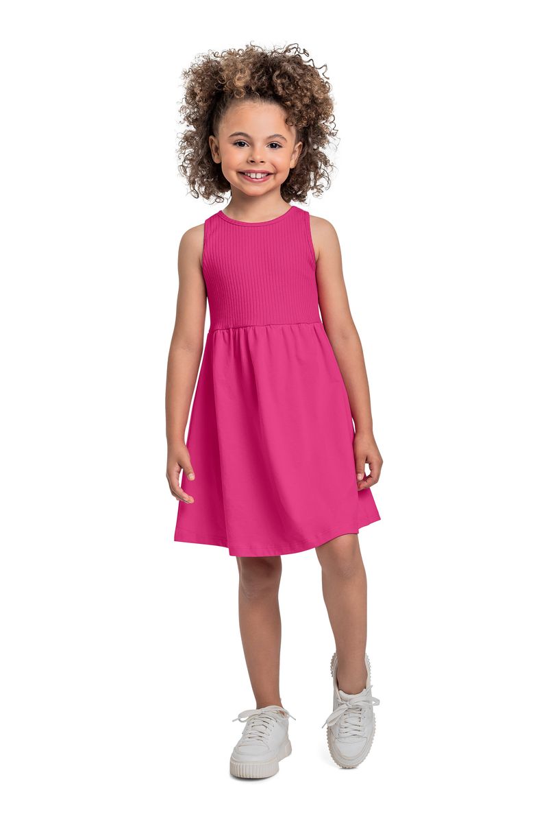 Vestido-infantil-para-menina-com-modelagem-regata-elastico-na-cintura-e-estampa-lisa.