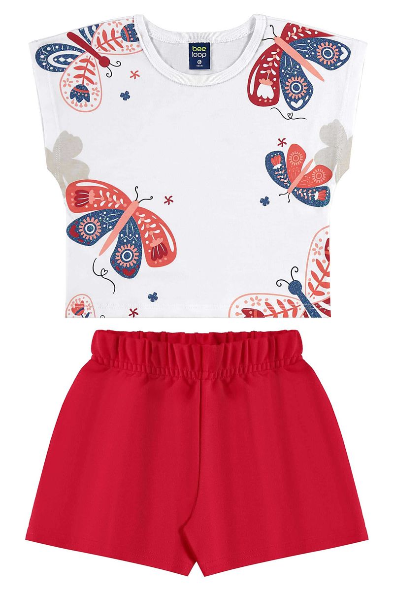 Conjunto com Blusa de Borboleta e Short para Menina (Branco) Bee Loop