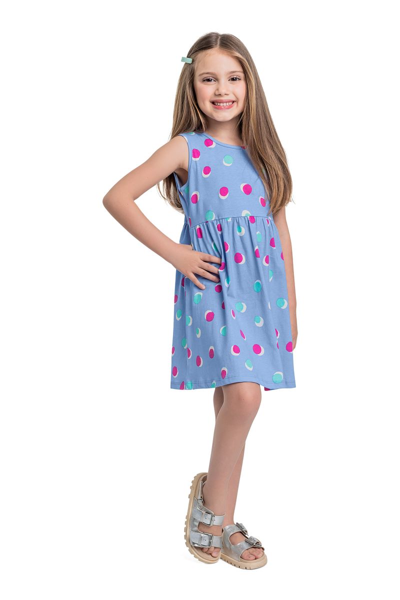 Vestido-infantil-para-menina-com-modelagem-regata-recorte-franzido-na-cintura-e-estampa-de-bolinhas.