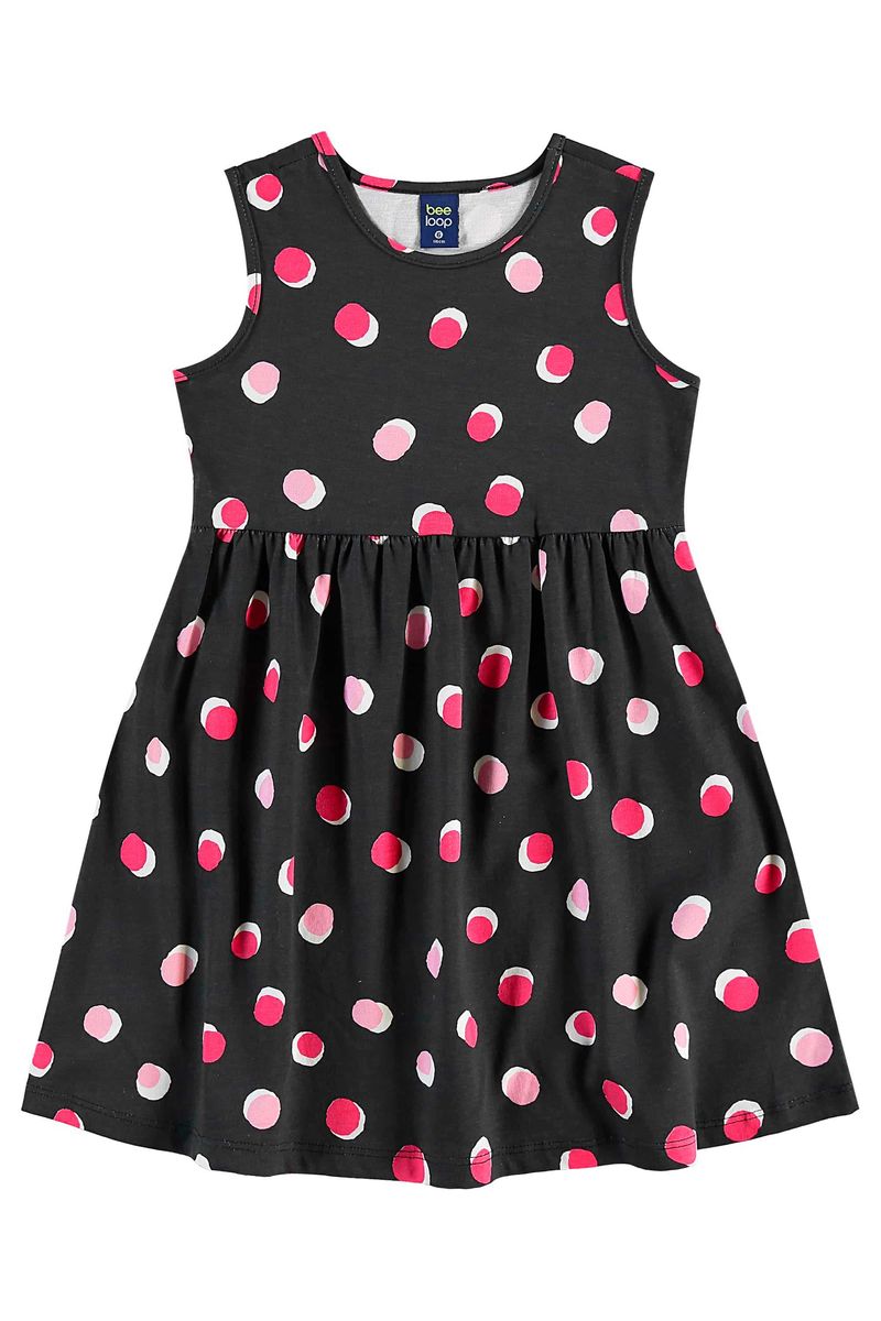 Vestido-infantil-para-menina-com-modelagem-regata-recorte-franzido-na-cintura-e-estampa-de-bolinhas.
