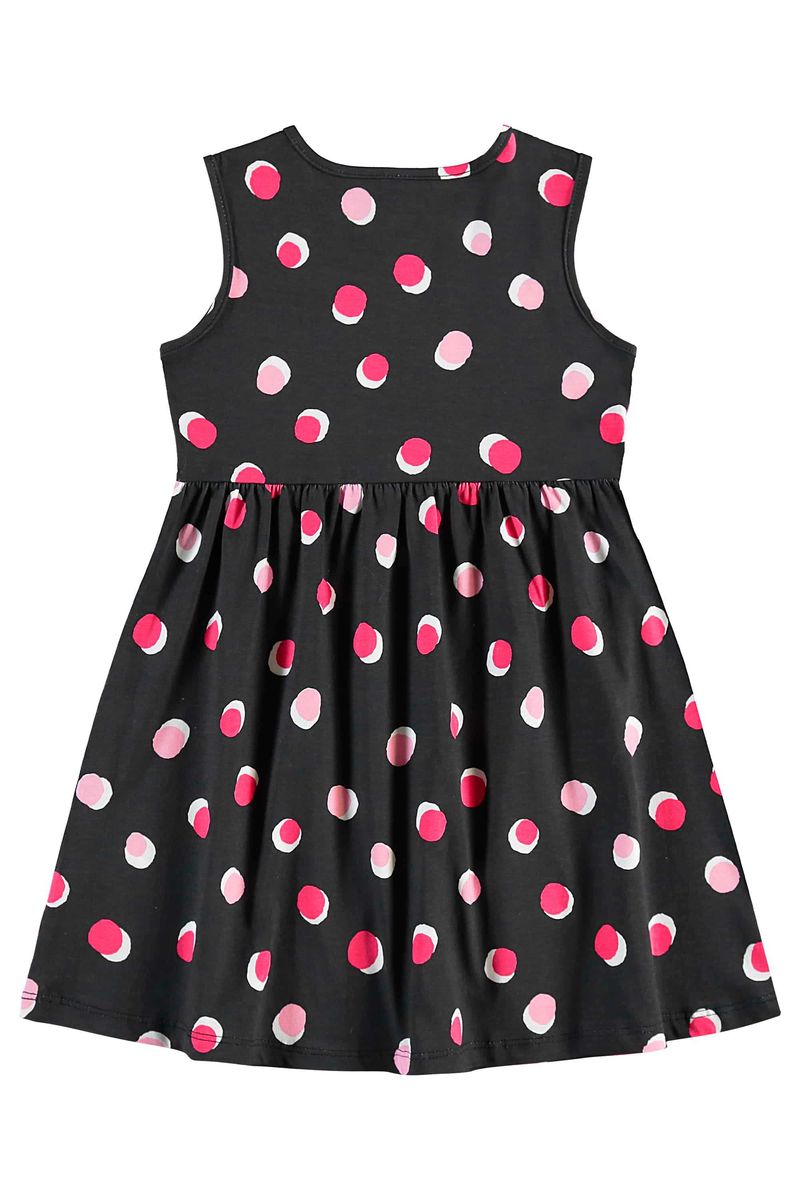 Vestido-infantil-para-menina-com-modelagem-regata-recorte-franzido-na-cintura-e-estampa-de-bolinhas.