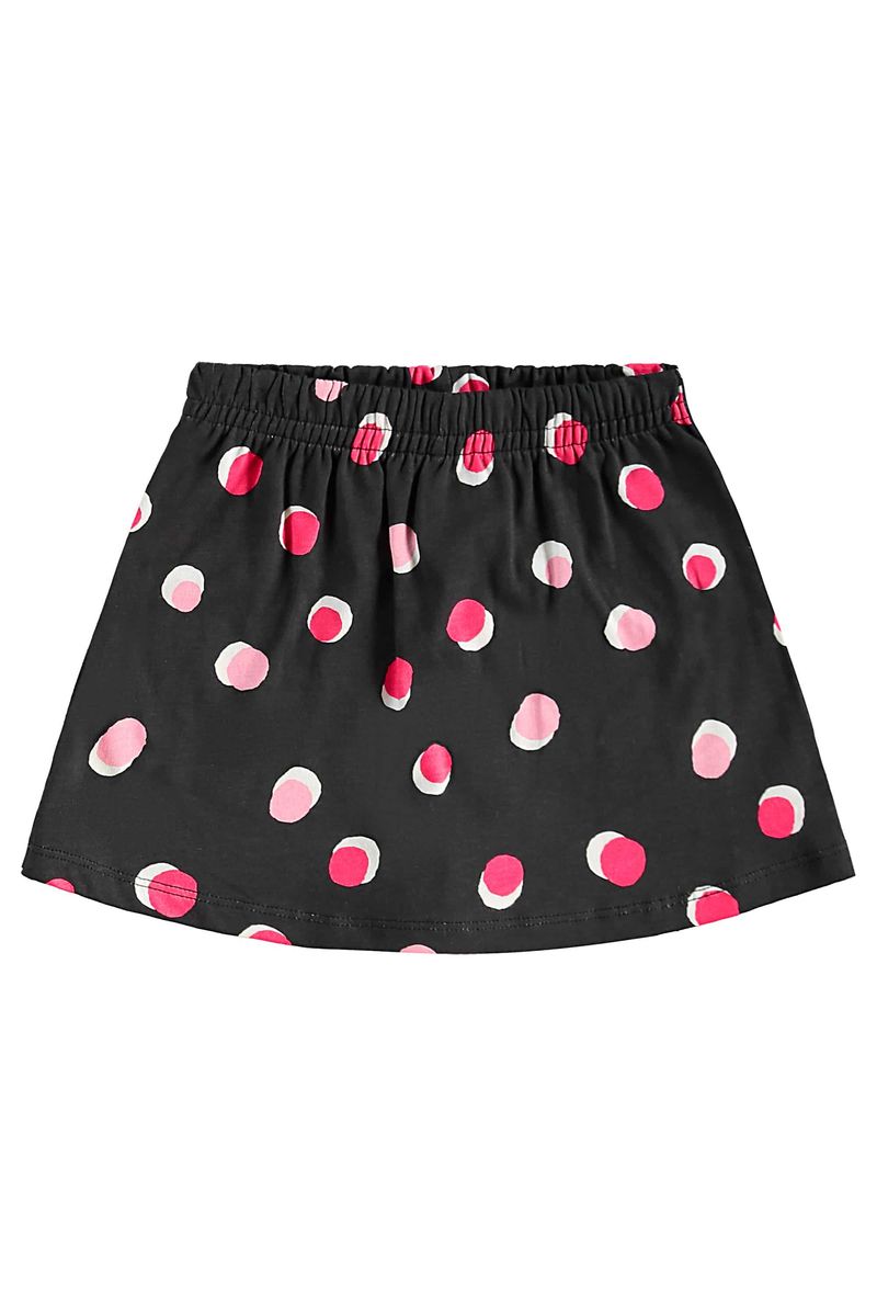 Conjunto-infantil-para-menina-com-blusa-estampada-efeito-puff-e-glitter-e-short-saia-com-elastico-na-cintura-e-estampa-de-bolinhas.