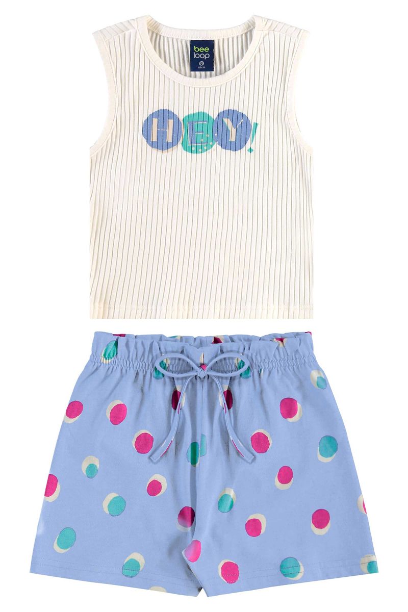 Conjunto-infantil-para-menina-com-regata-cropped-canelada-estampada-com-glitter-e-short-com-cos-clochard-elastico-e-laco-decorativo.