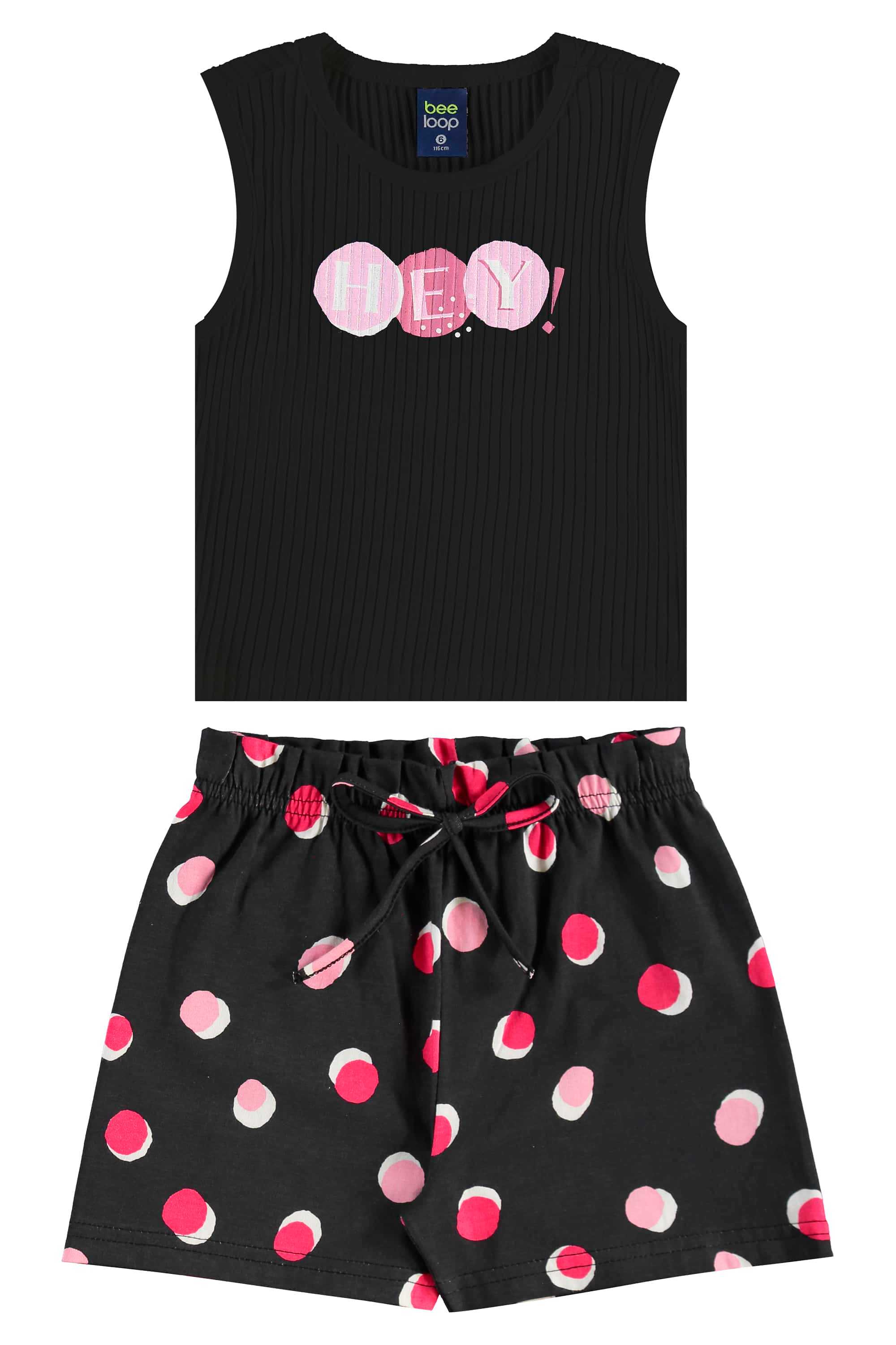 Conjunto com Regata Cropped e Short de Bolinhas para Menina (Preto) Bee Loop