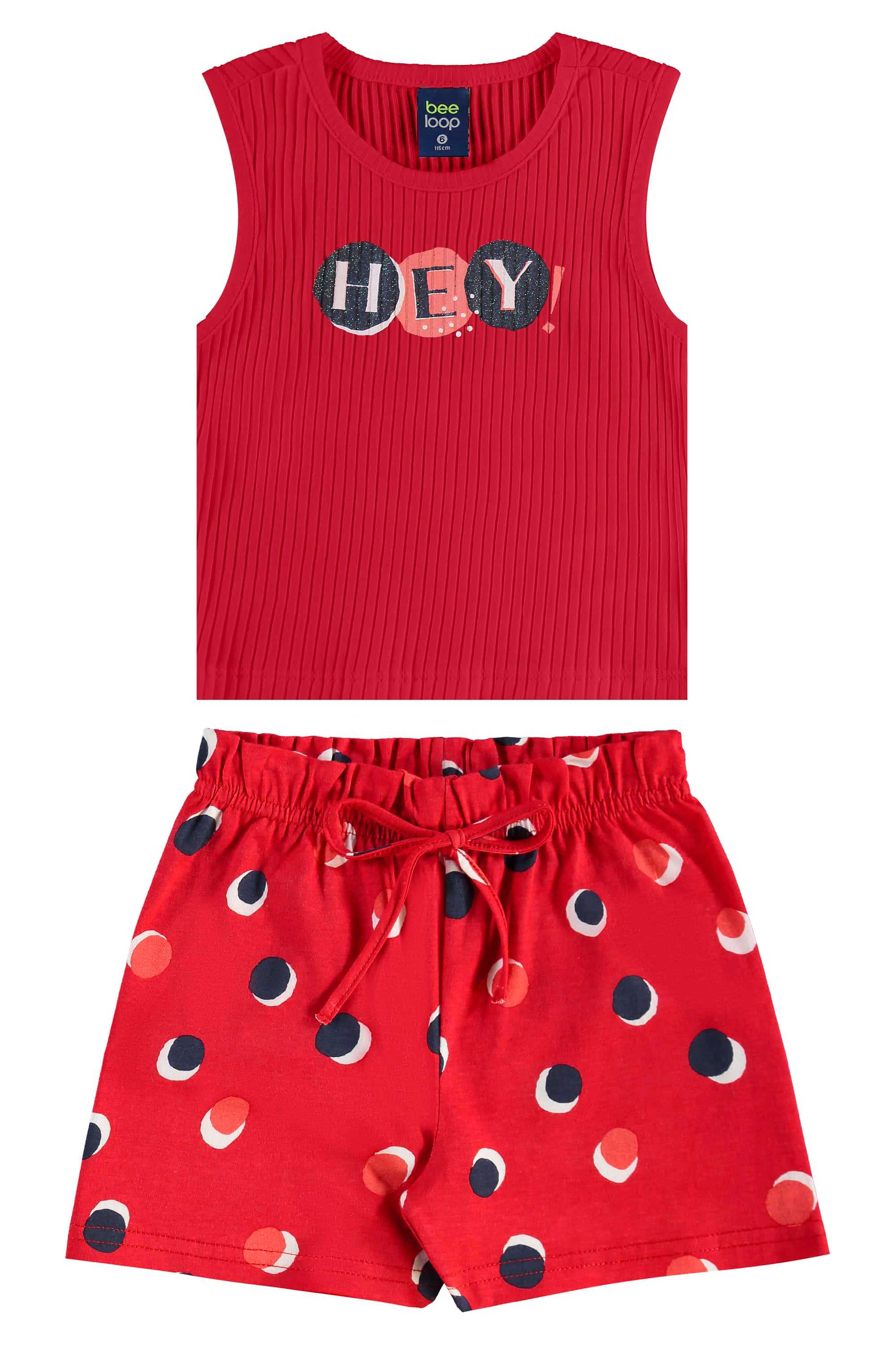 Conjunto com Regata Cropped e Short de Bolinhas para Menina (Vermelho) Bee Loop