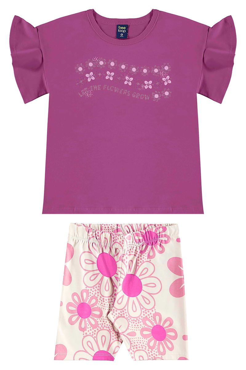 Conjunto com Blusa e Bermuda Ciclista Floral para Menina (Roxo) Bee Loop