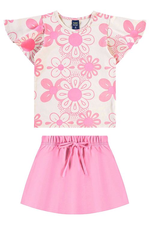 Conjunto com Blusa Floral e Short-Saia para Menina (Rosa) Bee Loop
