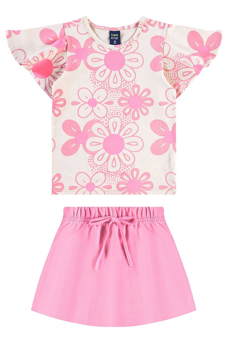 Conjunto-infantil-para-menina-com-blusa-com-estampa-floral-e-short-saia-com-elastico-na-cintura-laco-decorativo-e-estampa-lisa.