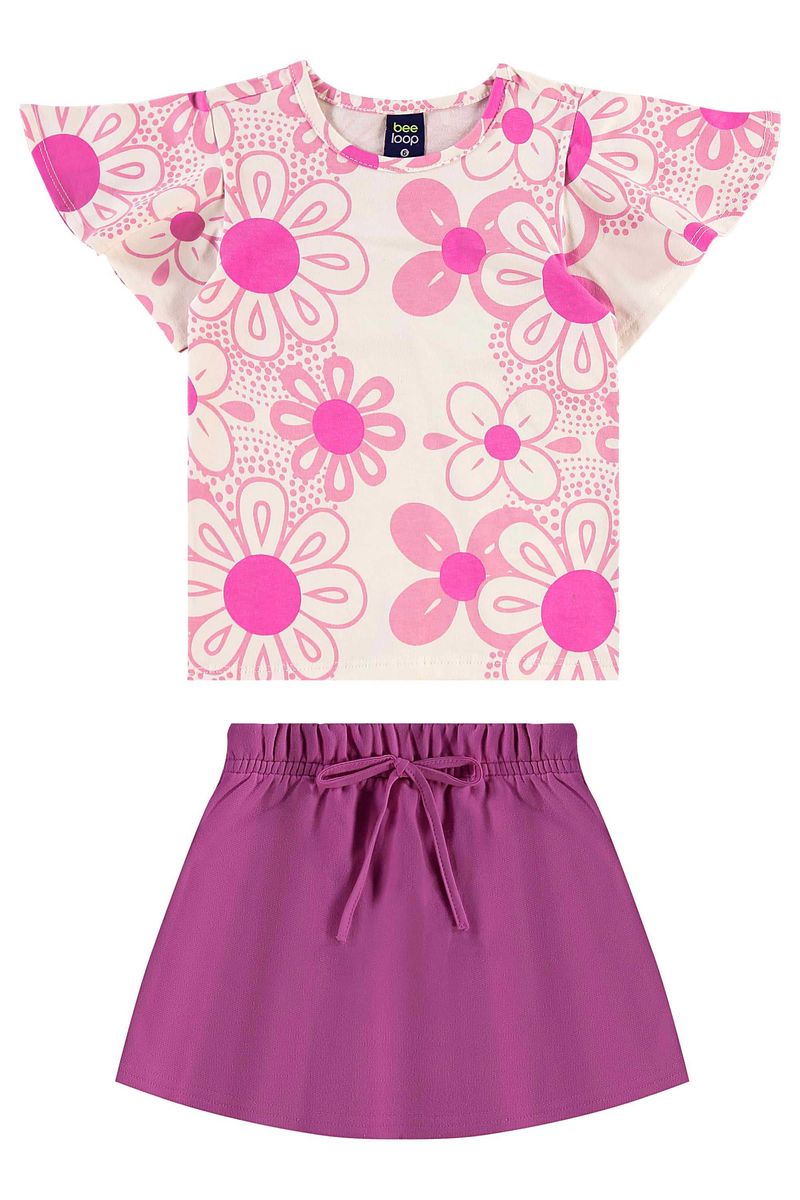 Conjunto com Blusa Floral e Short-Saia para Menina (Roxo) Bee Loop