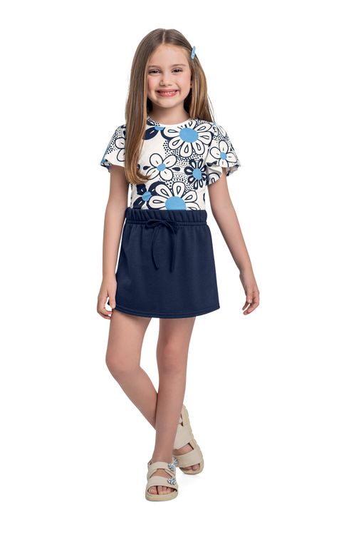 Conjunto com Blusa Floral e Short-Saia para Menina (Azul) Bee Loop