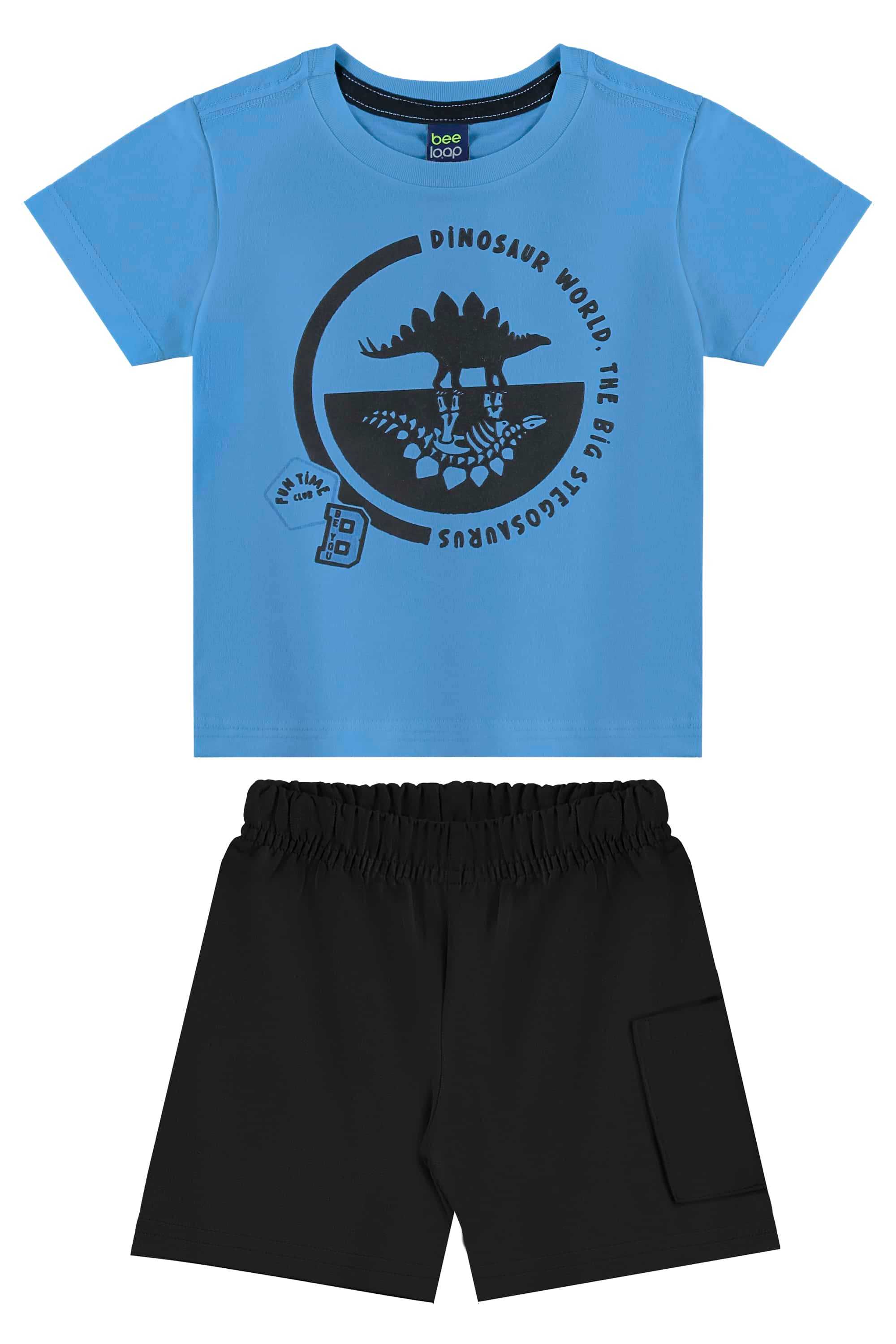 Conjunto com Camiseta de Dinossauro e Bermuda para Menino (Azul) Bee Loop