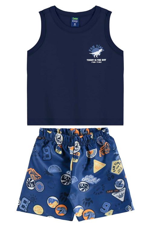 Conjunto de Dinossauro com Regata e Bermuda para Menino (Azul Marinho) Bee Loop