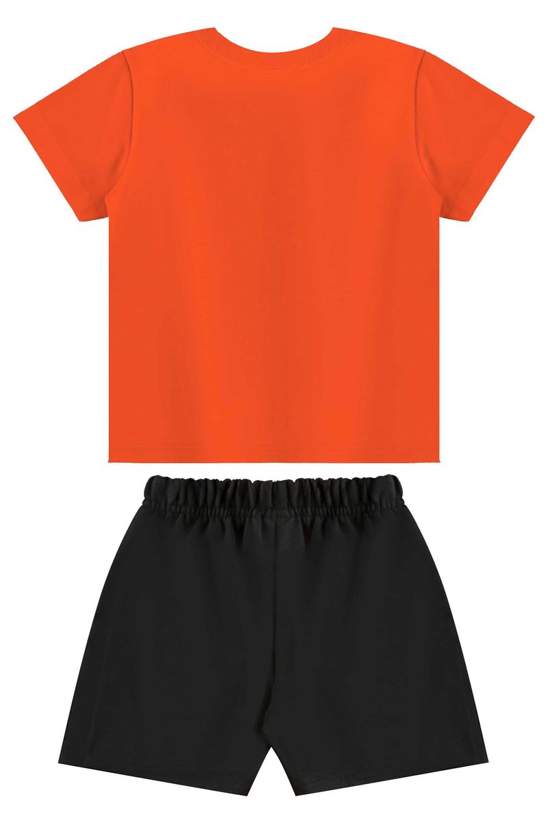 Conjunto-infantil-para-menino-tem-camiseta-com-estampa-de-dinossauro-com-puff-e-bermuda-com-elastico-na-cintura-e-listras-laterais.