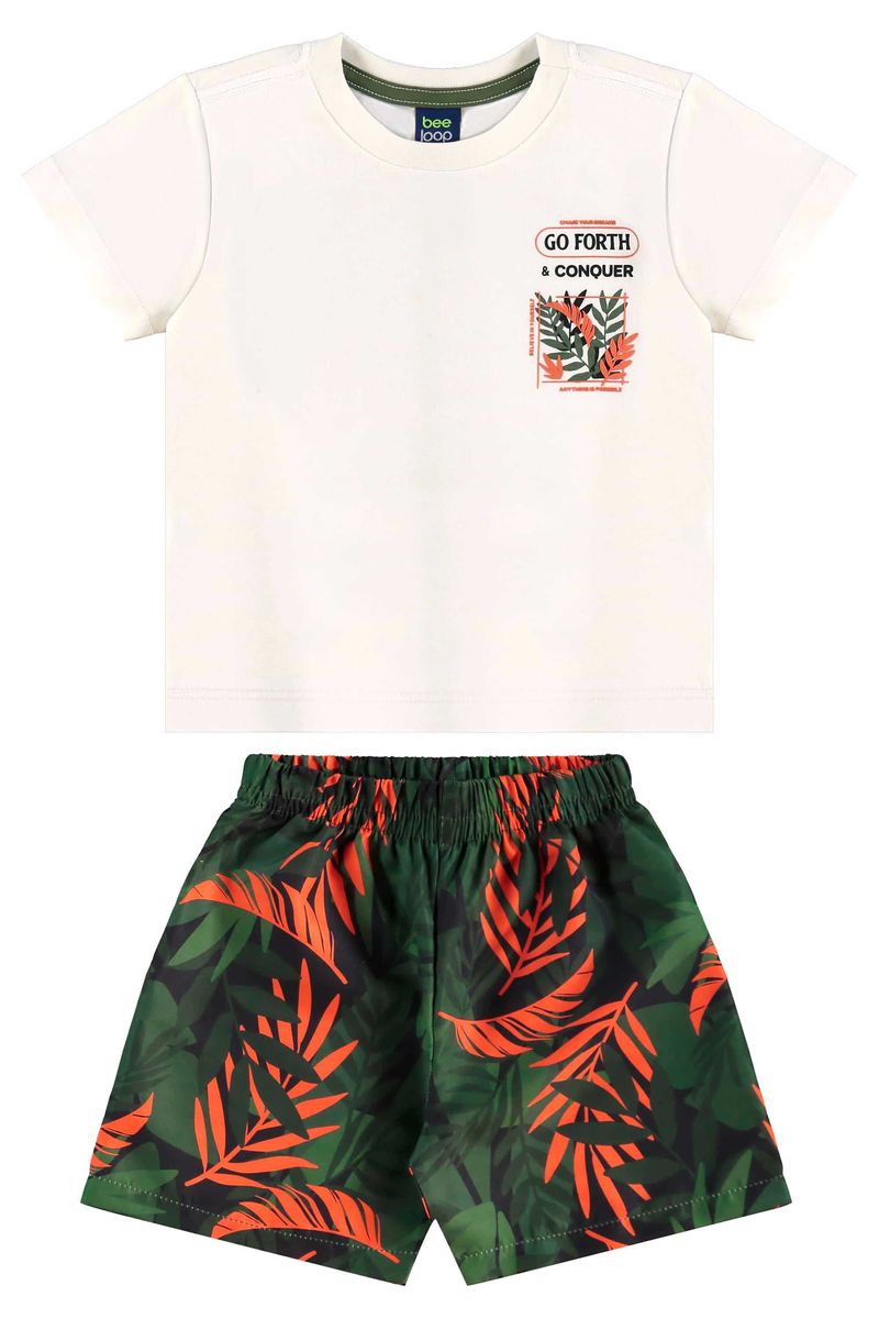 Conjunto com Camiseta e Bermuda com Folhas para Menino (Off White) Bee Loop
