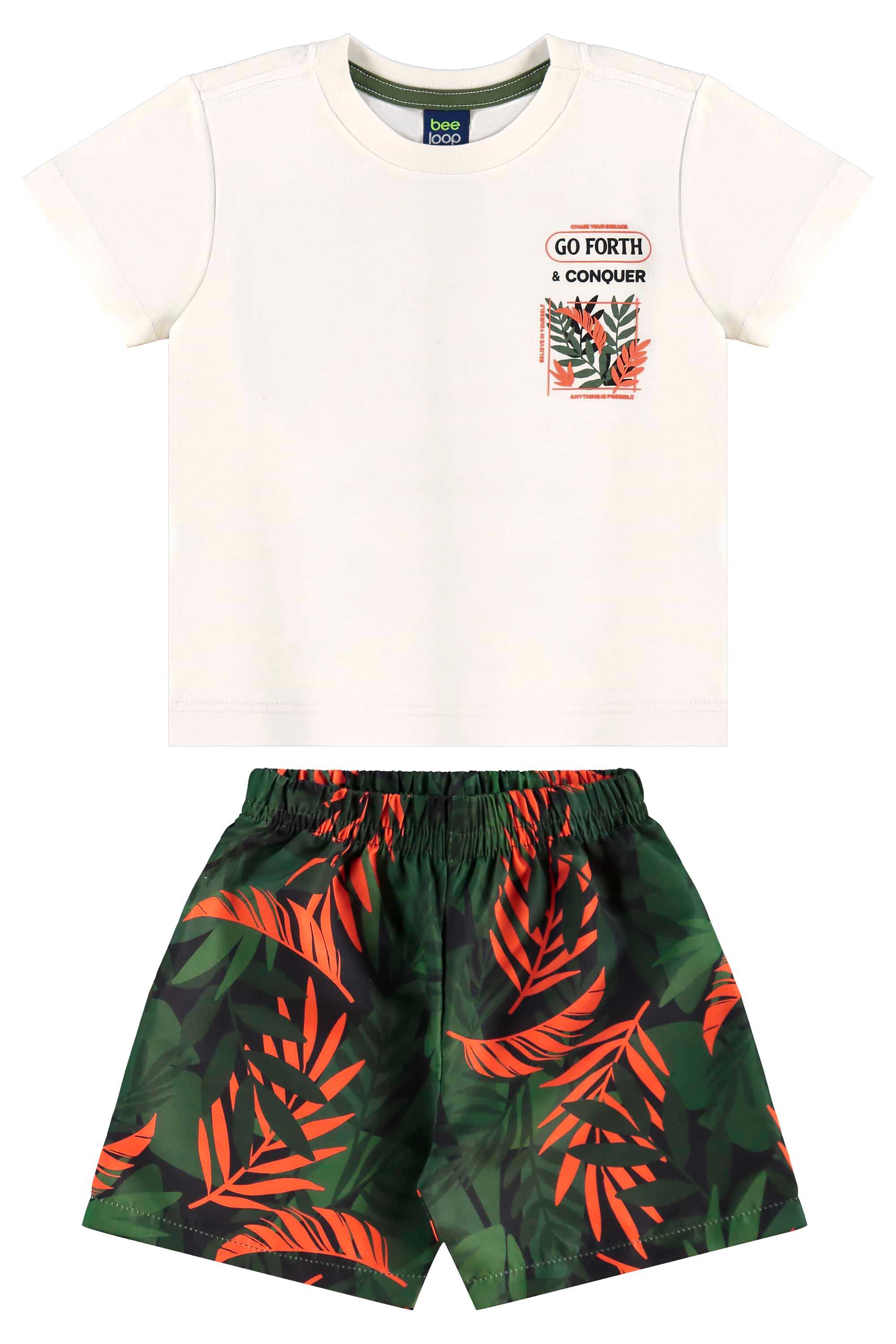 Conjunto com Camiseta e Bermuda com Folhas para Menino (Off White) Bee Loop
