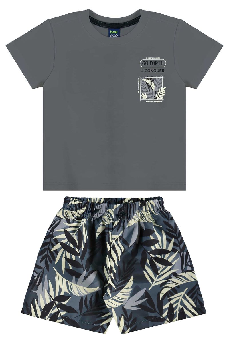 Conjunto com Camiseta e Bermuda com Folhas para Menino (Cinza) Bee Loop