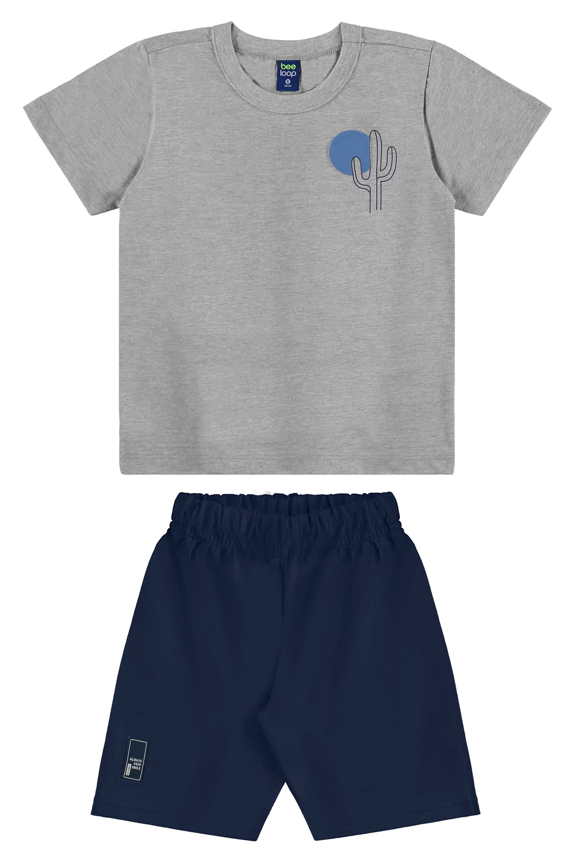 Conjunto com Camiseta Estampada e Bermuda para Menino (Cinza) Bee Loop