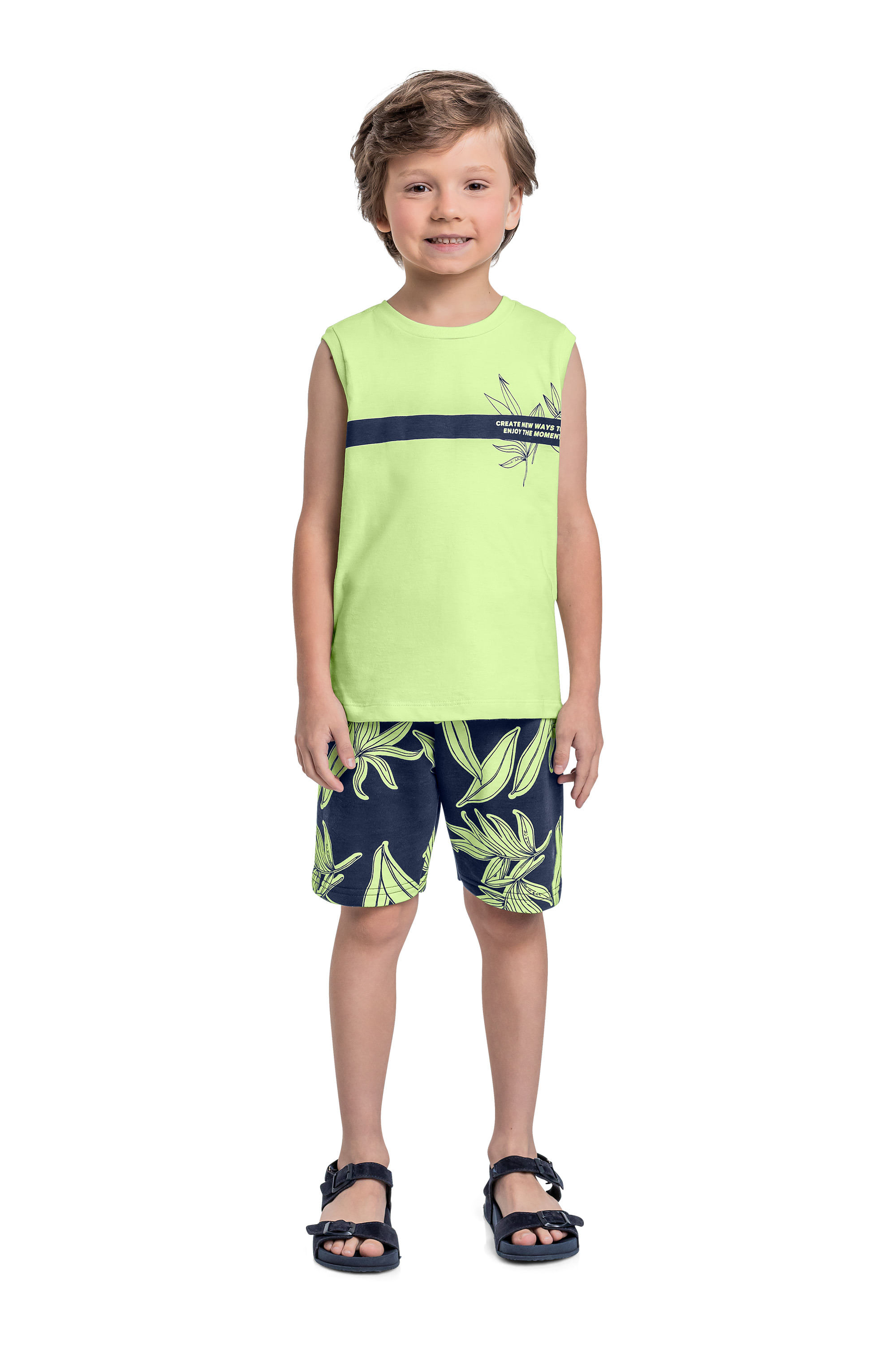 Conjunto de Folhas com Regata e Bermuda para Menino (Verde) Bee Loop